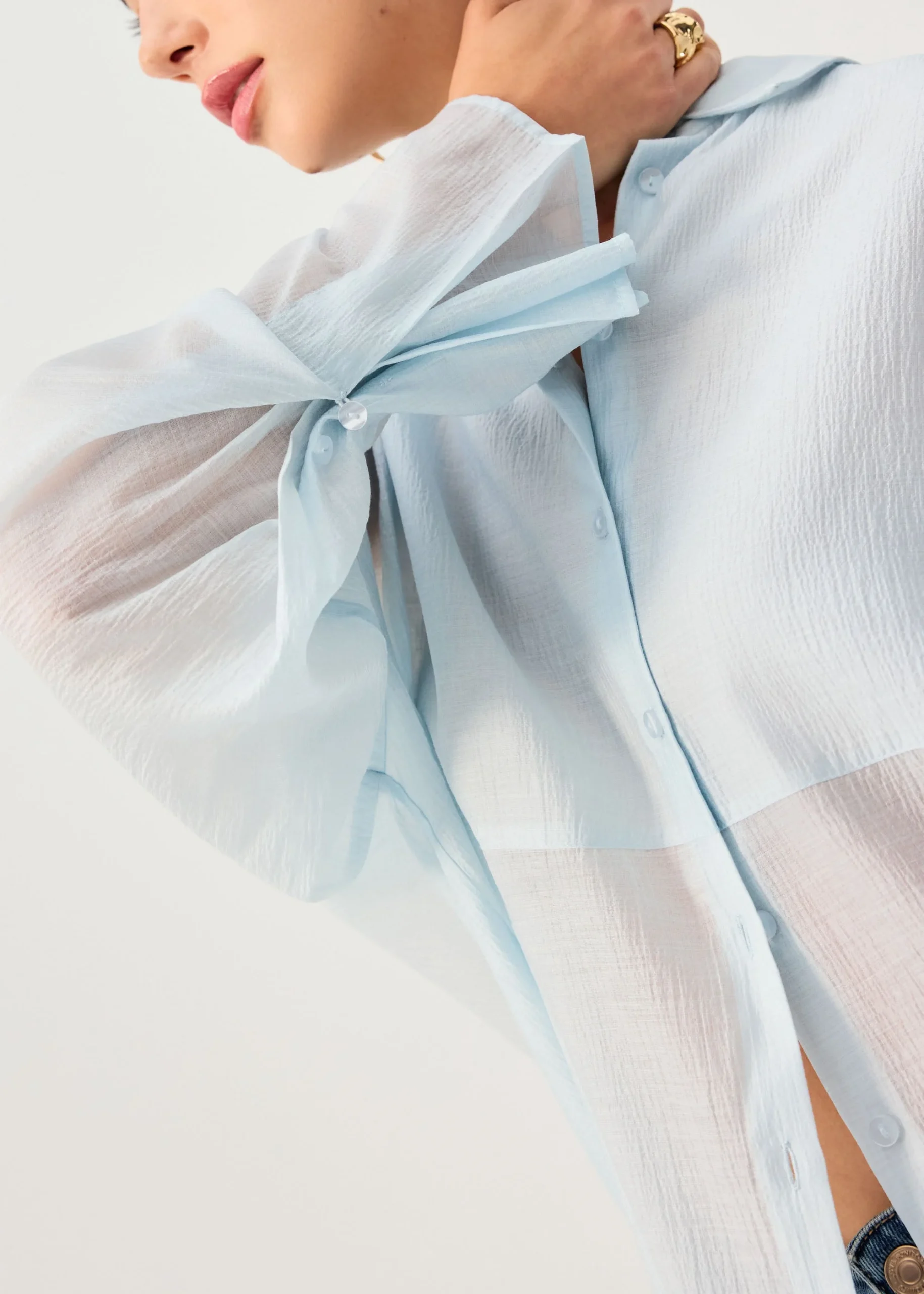 Oversized Sheer Lyocell Collared Poet Sleeve Blouse - Image 2