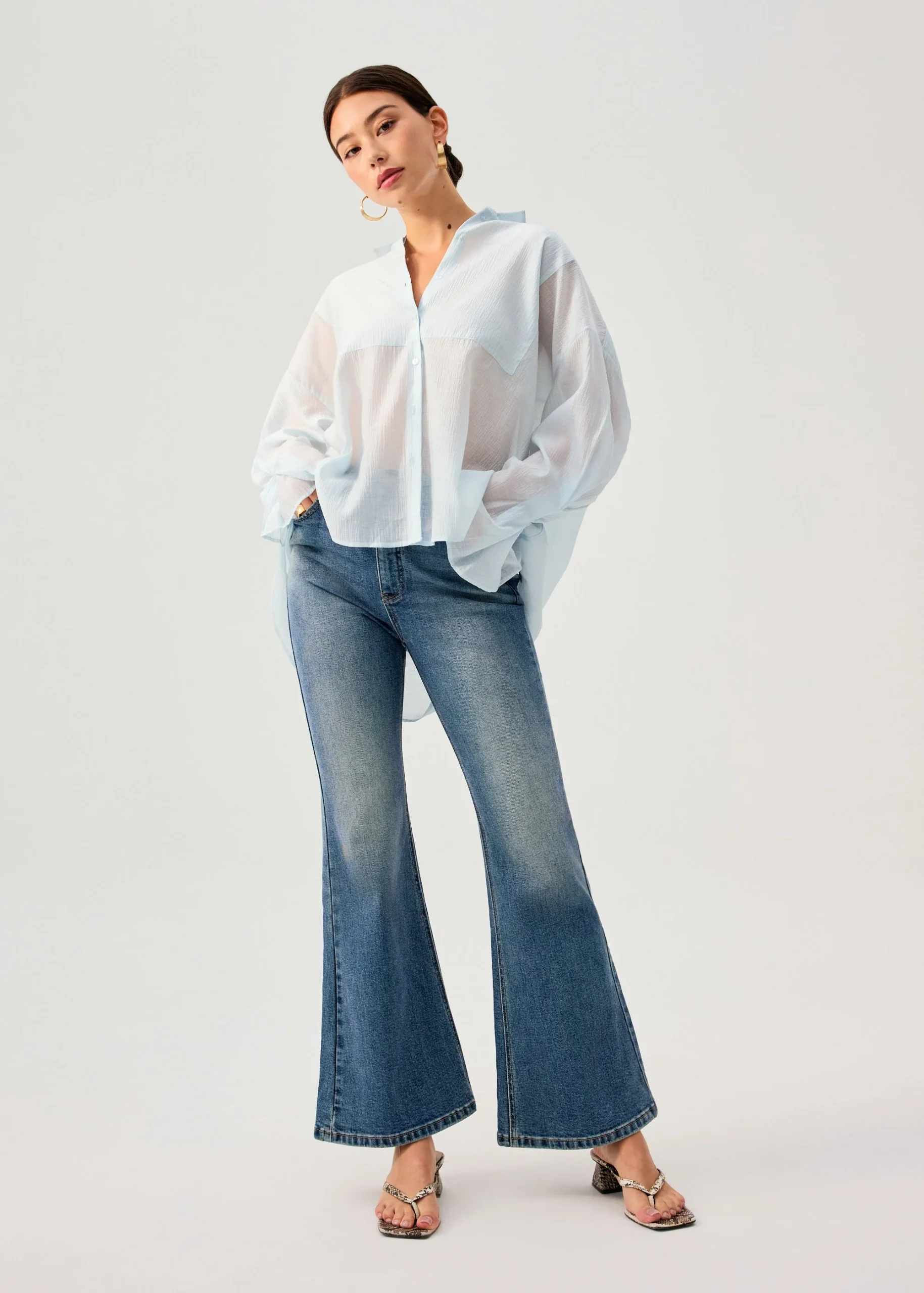 Oversized Sheer Lyocell Collared Poet Sleeve Blouse - Image 3
