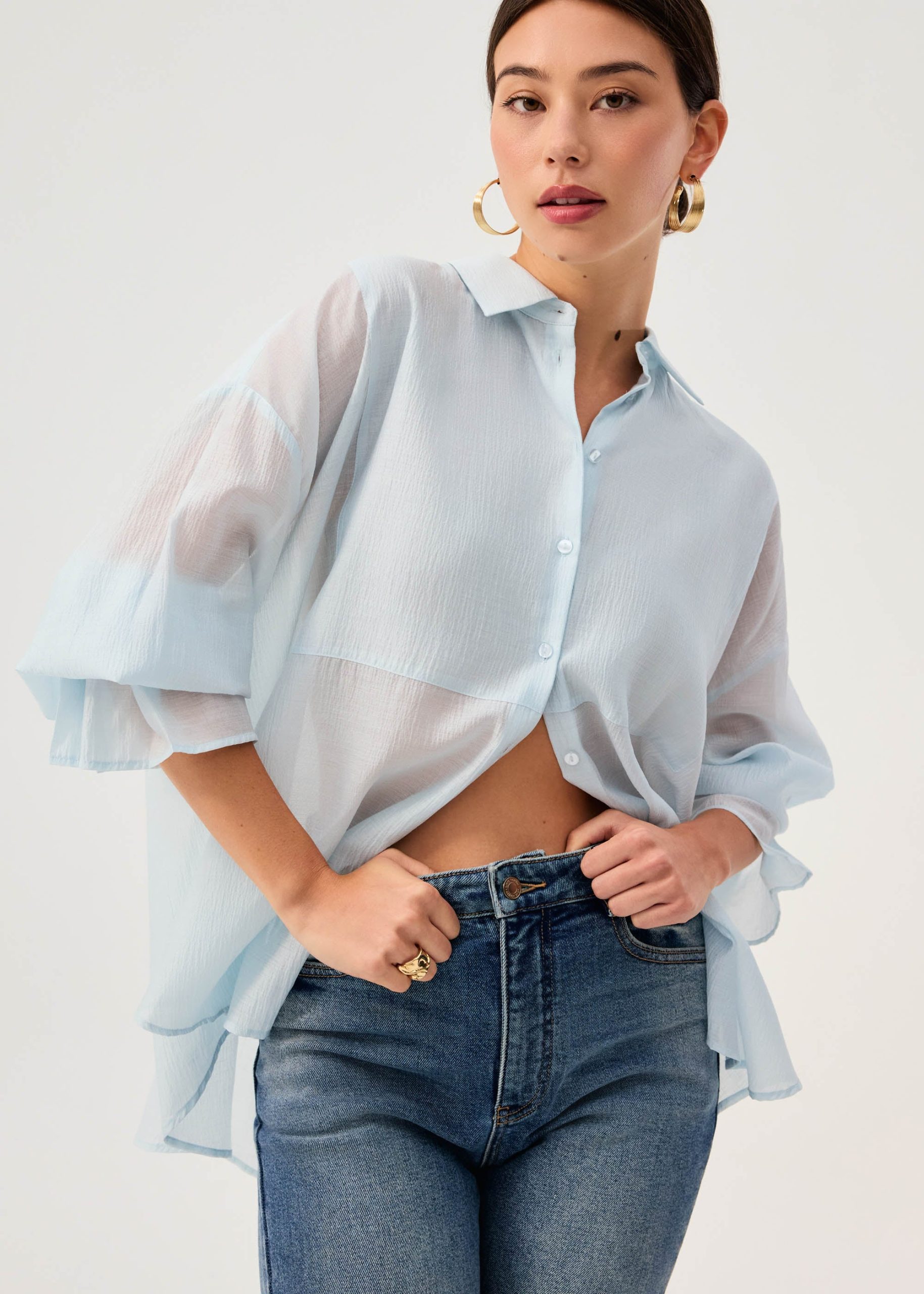 Oversized Sheer Lyocell Collared Poet Sleeve Blouse - Image 4