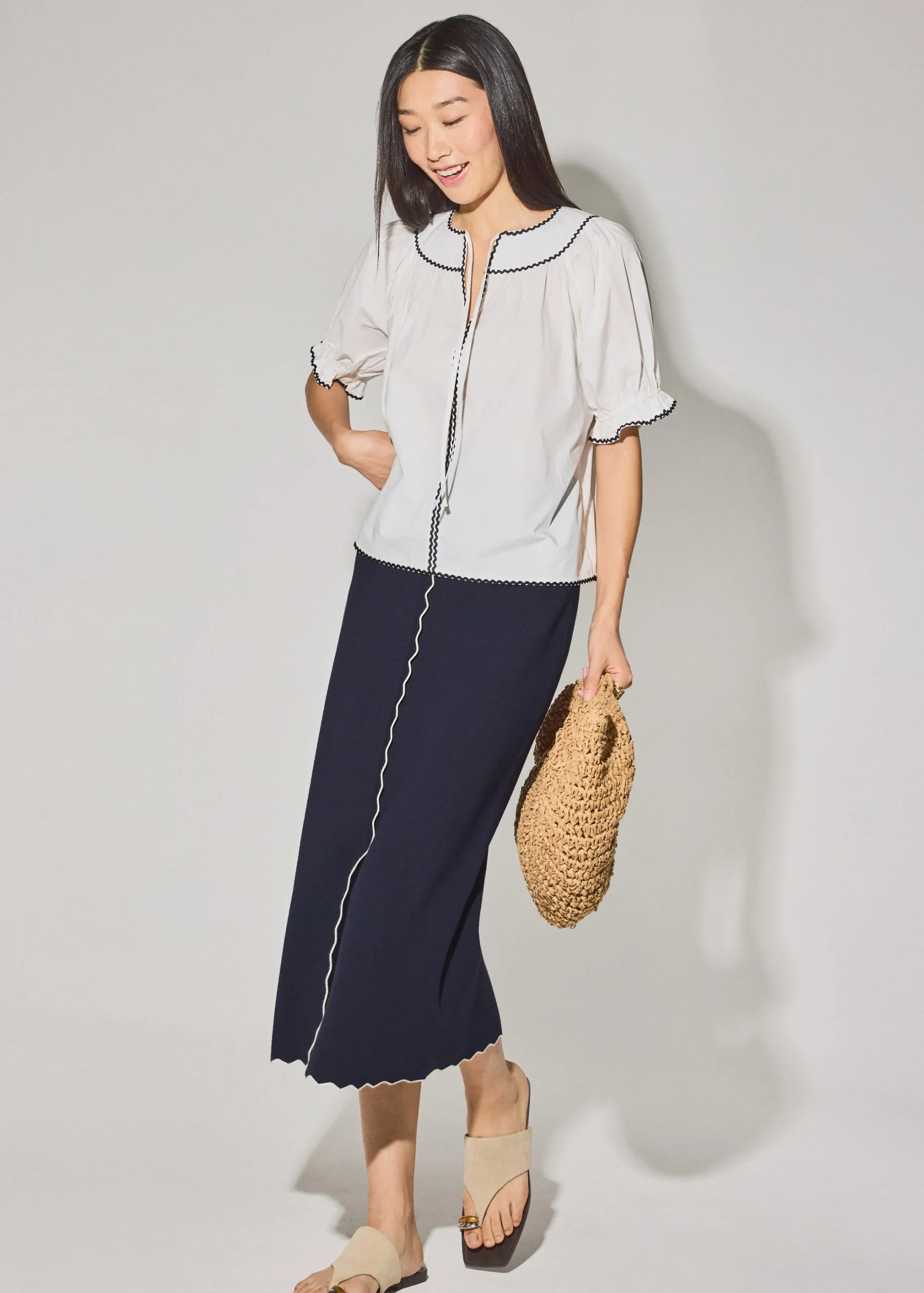 Relaxed Cotton Scallop Trim Puff Sleeve Blouse - Image 4
