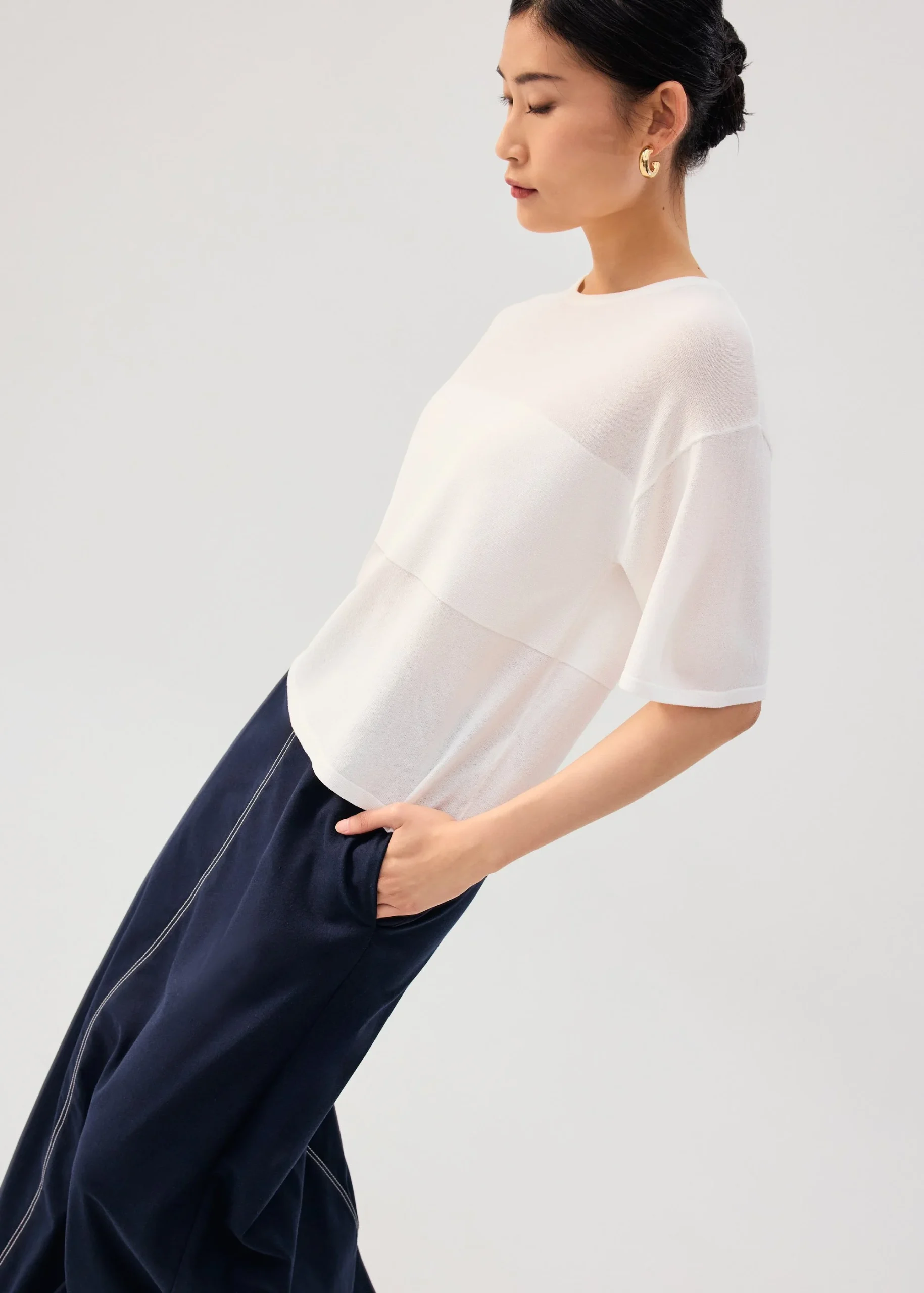 Oversized Sheer Knit Front Panel Boxy Tee - Image 2