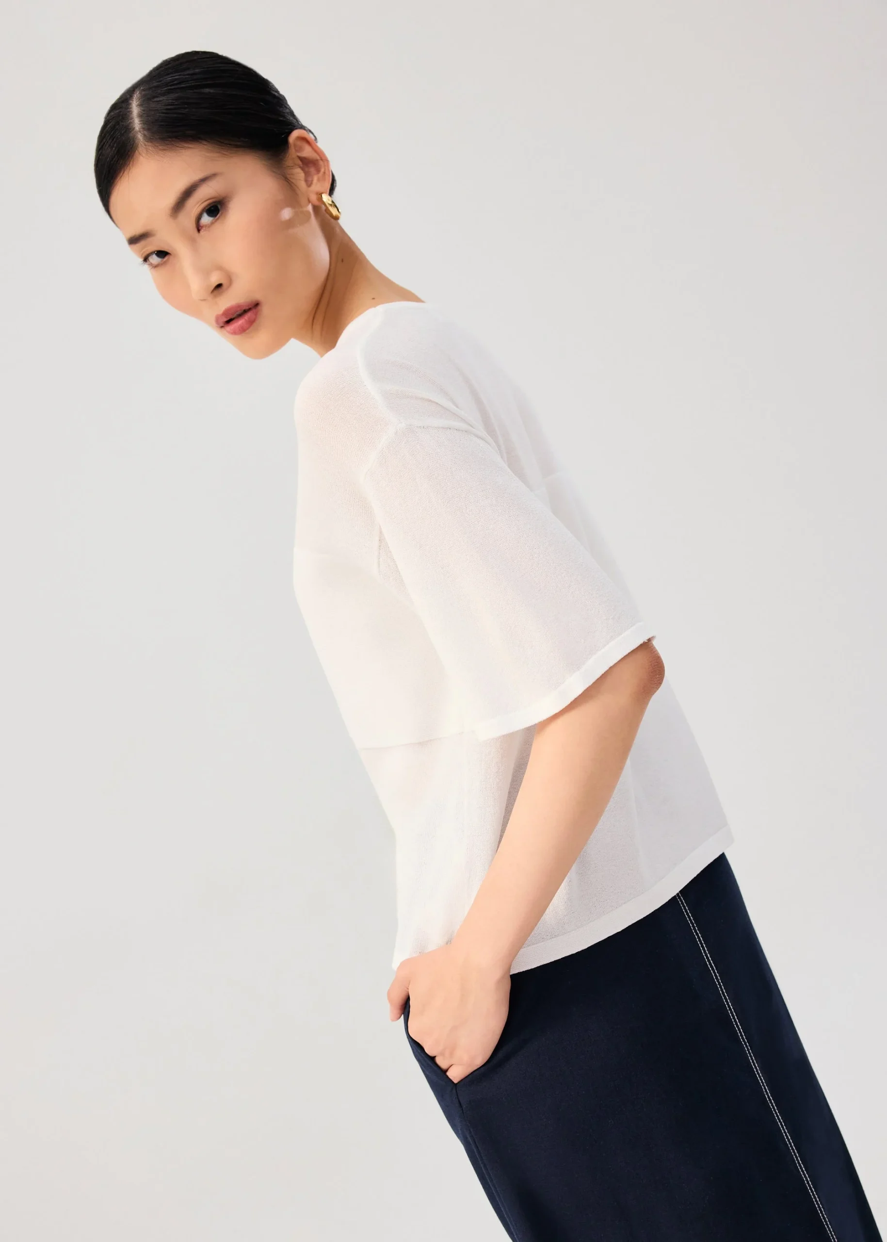 Oversized Sheer Knit Front Panel Boxy Tee - Image 4