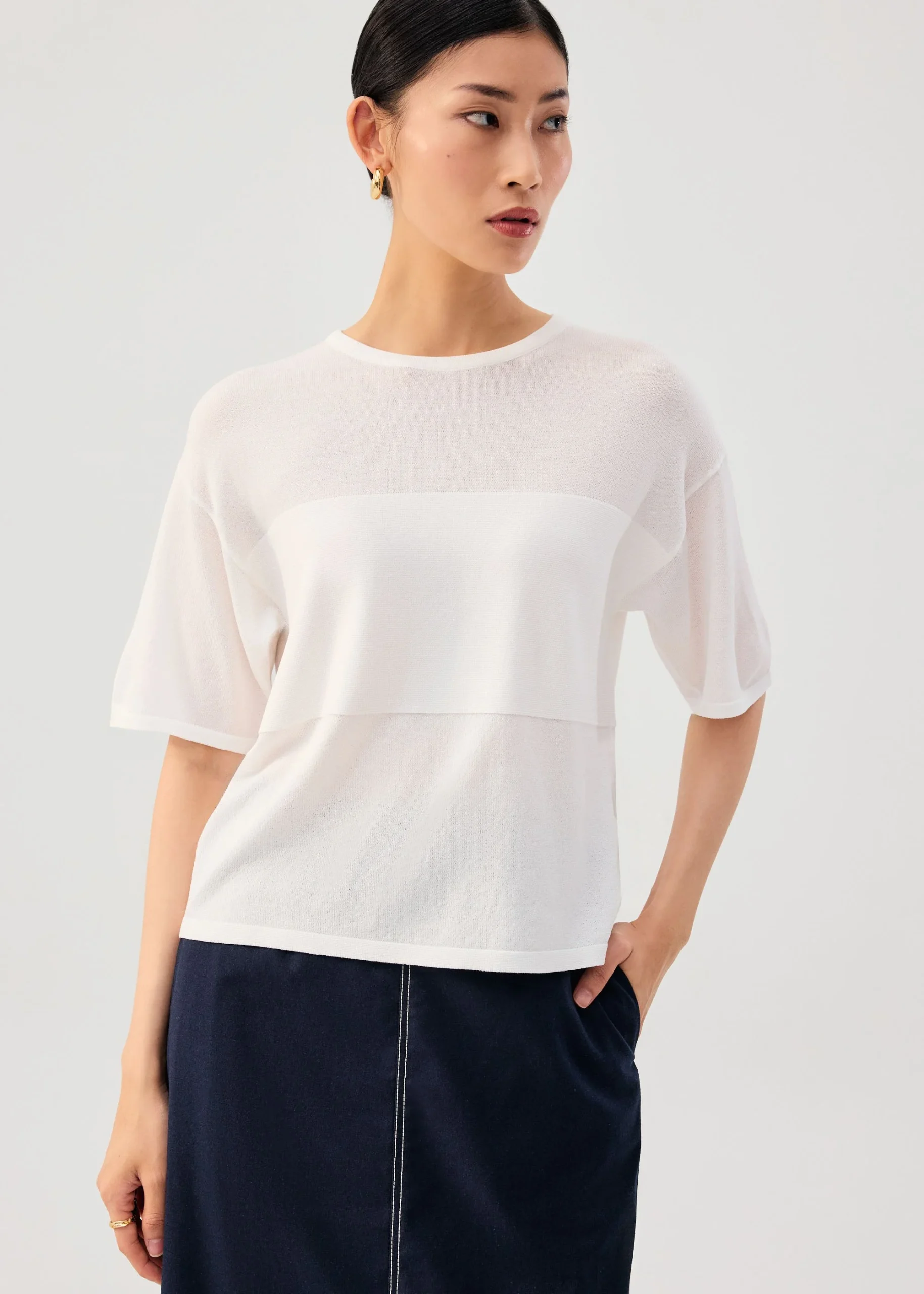 Oversized Sheer Knit Front Panel Boxy Tee
