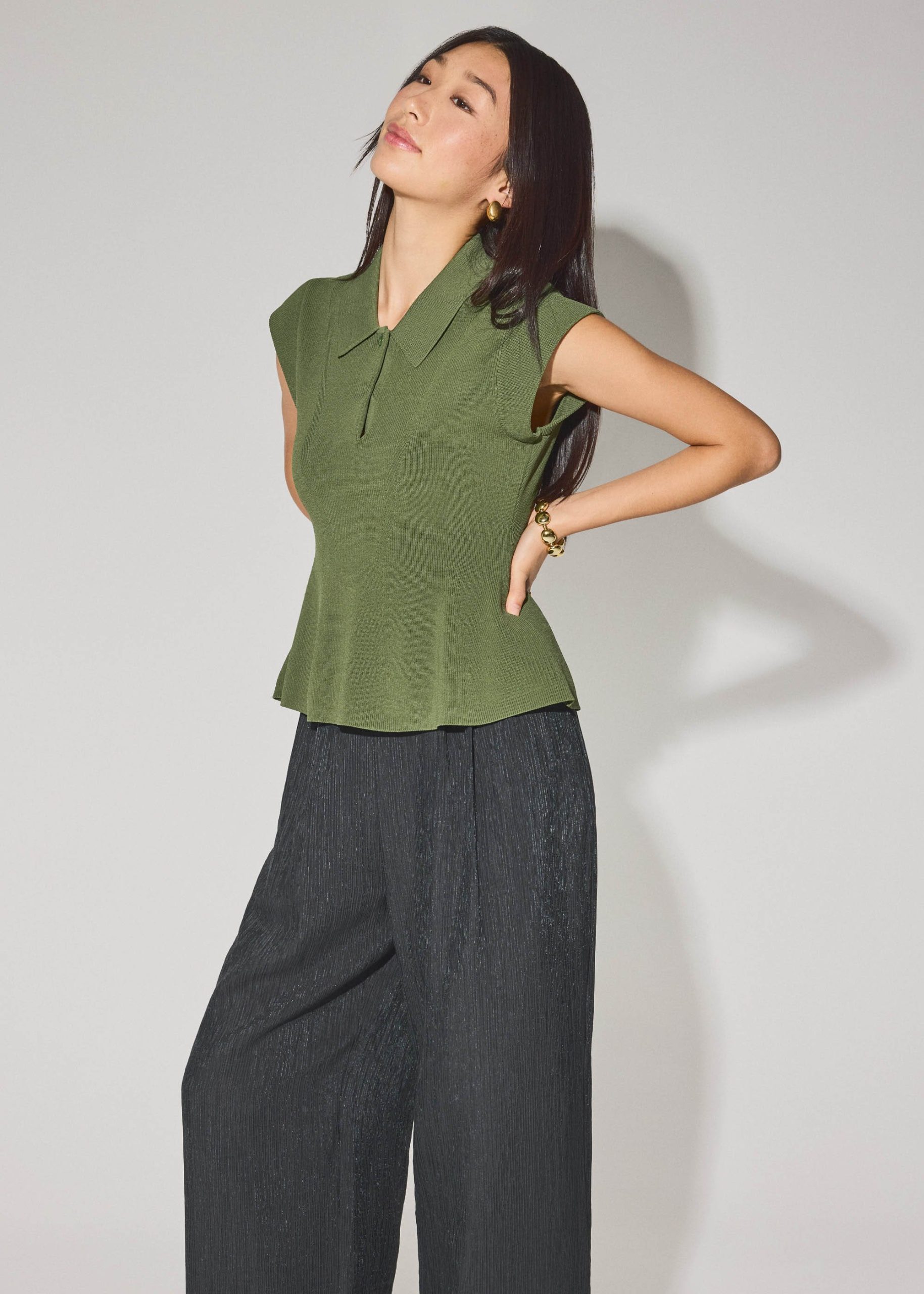 Knit Collared Peplum Polo Top - Image 2