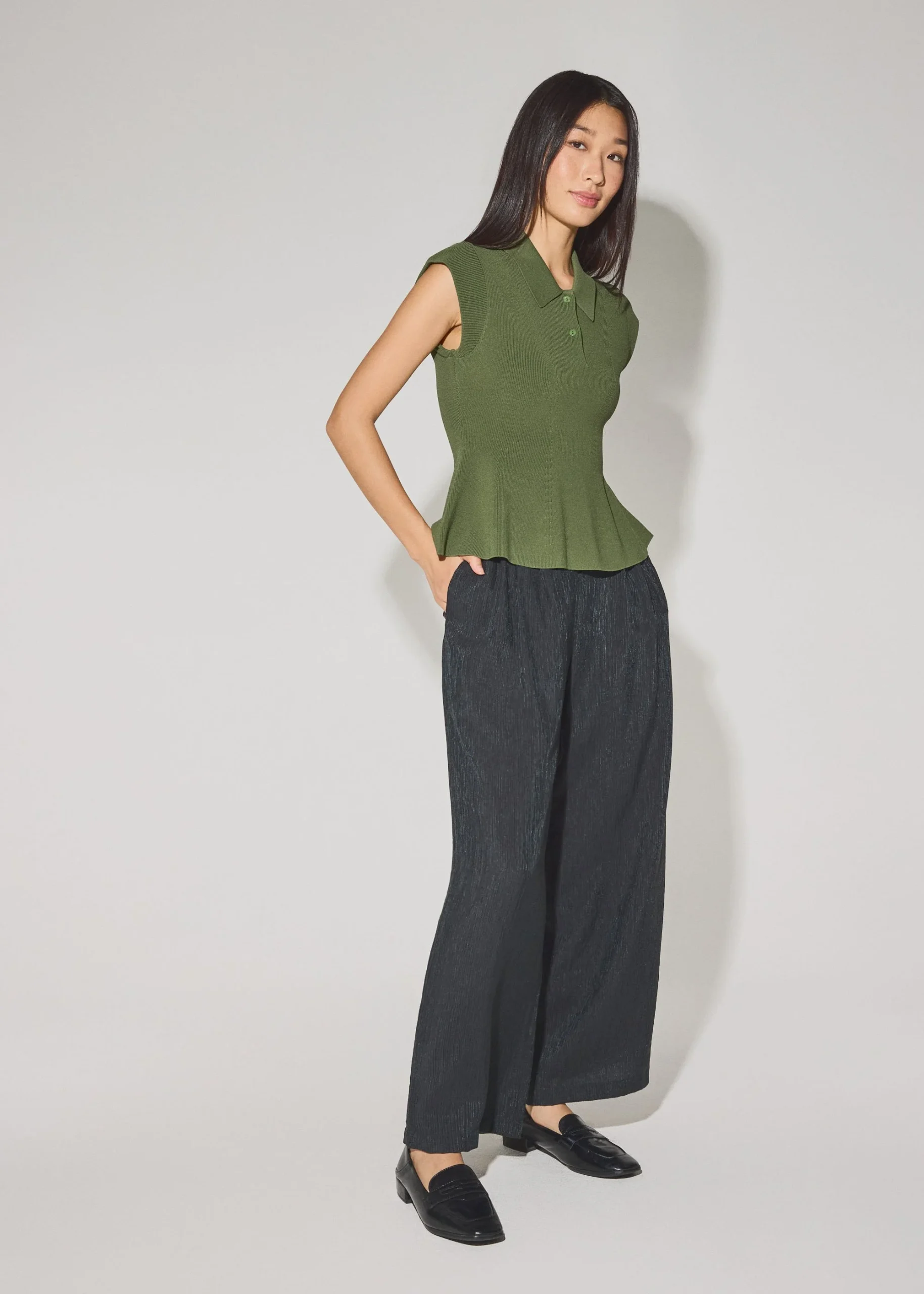 Knit Collared Peplum Polo Top - Image 4
