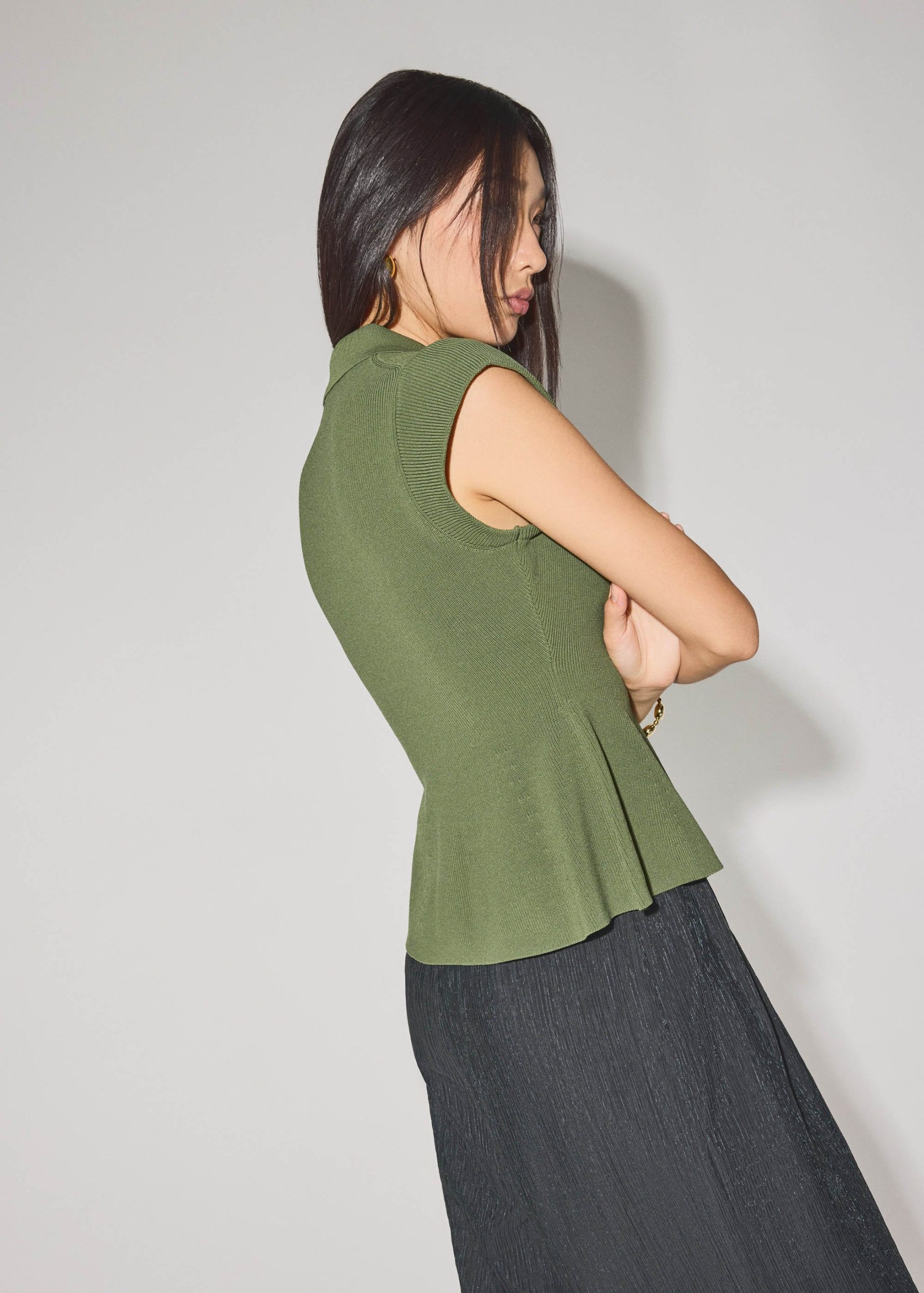 Knit Collared Peplum Polo Top - Image 5