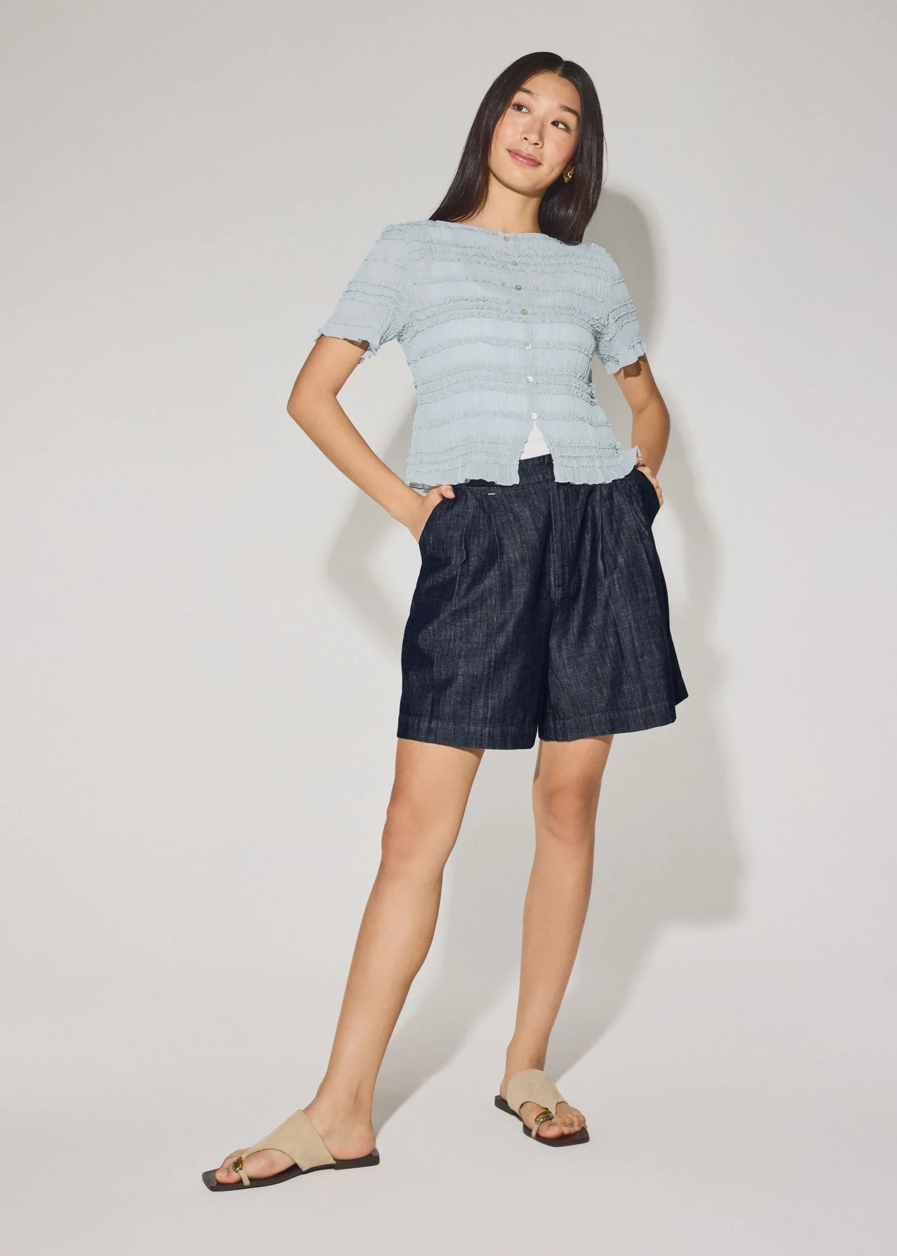 Crinkled Boat Neck Fitted Button Down Top - Image 3