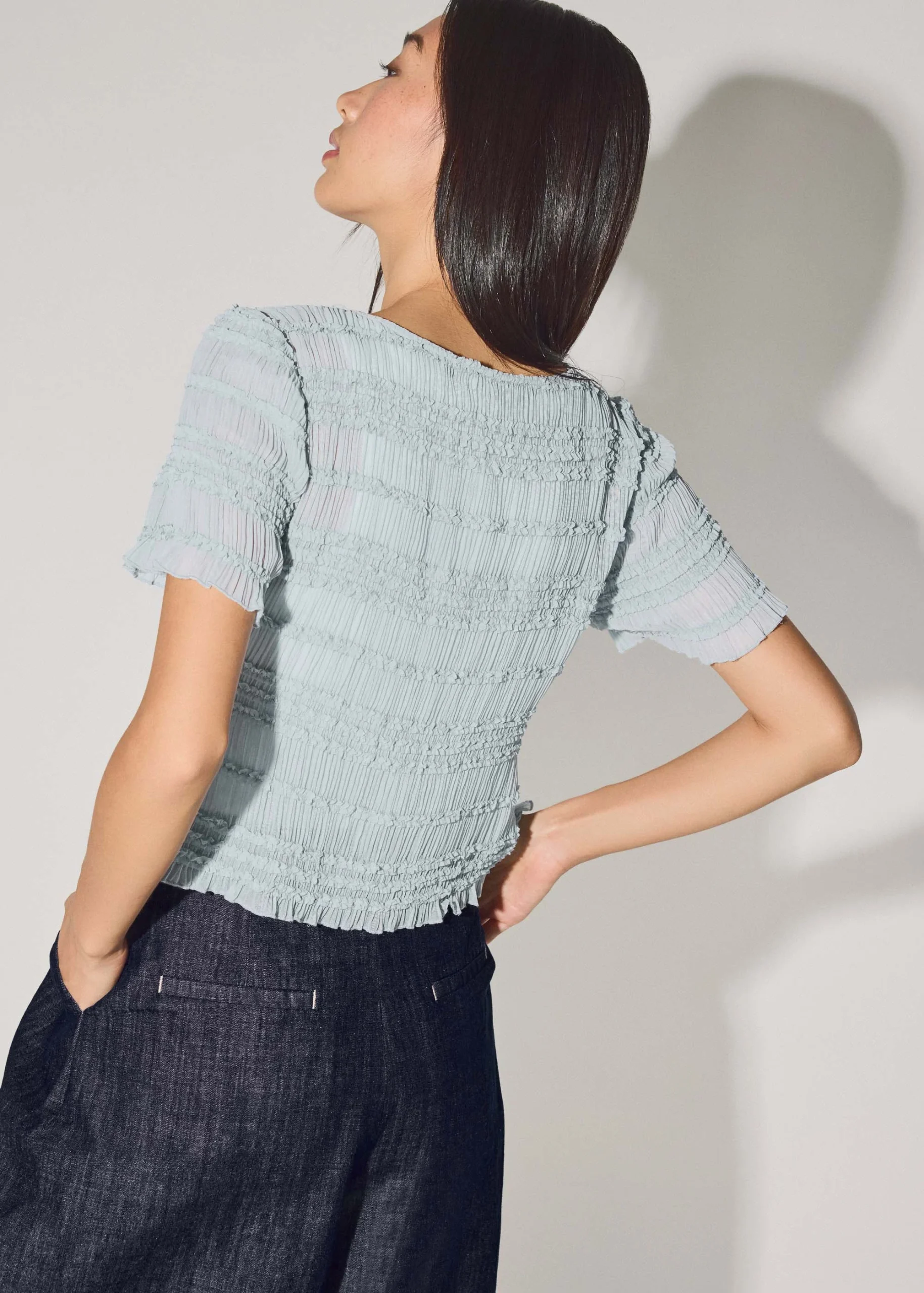 Crinkled Boat Neck Fitted Button Down Top - Image 4
