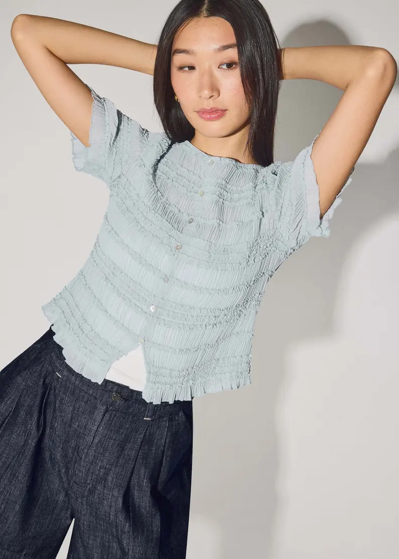 Crinkled Boat Neck Fitted Button Down Top