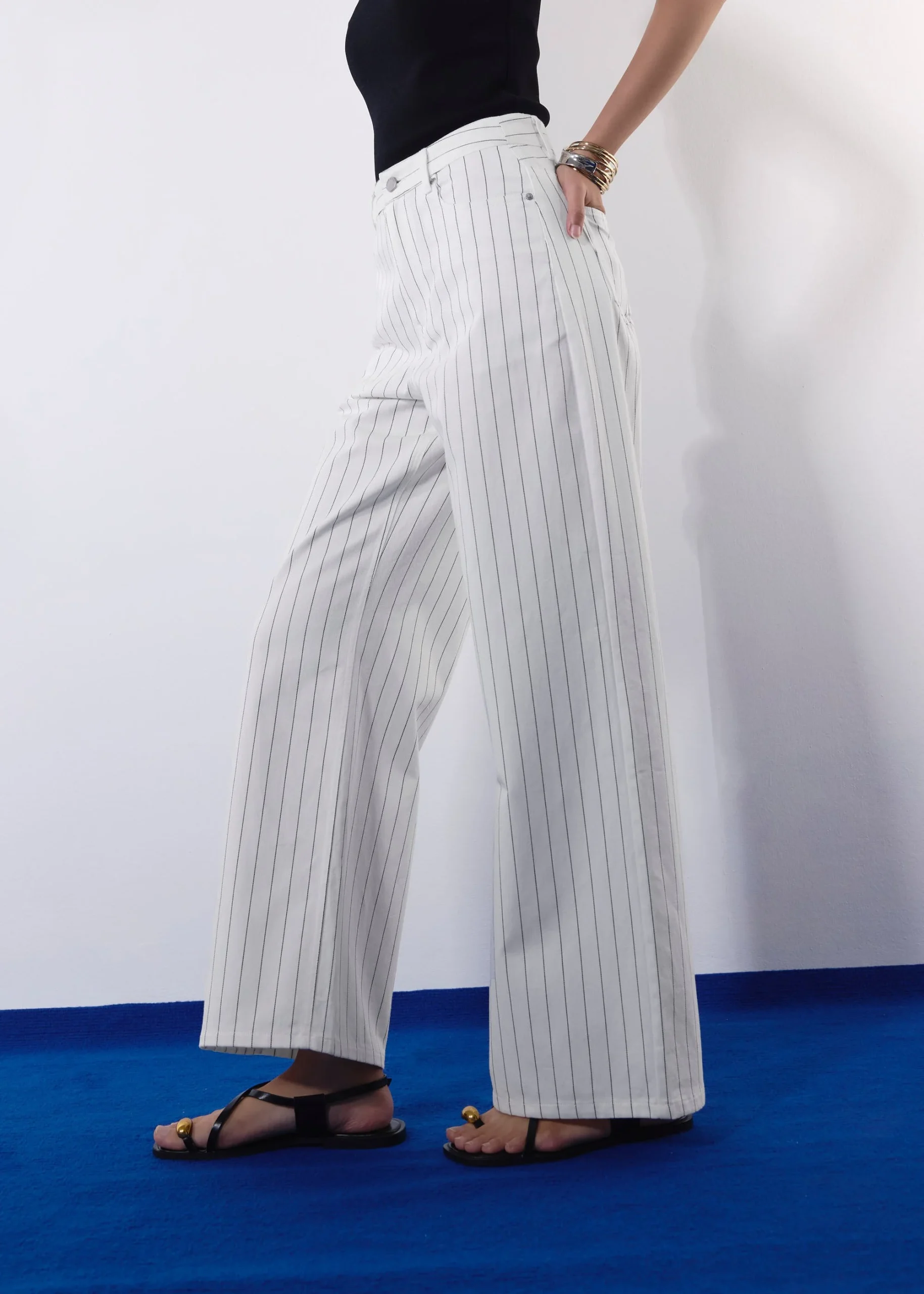 Pinstripe Cotton Twill 5-Pocket High Rise Straight Leg Pants - Image 3