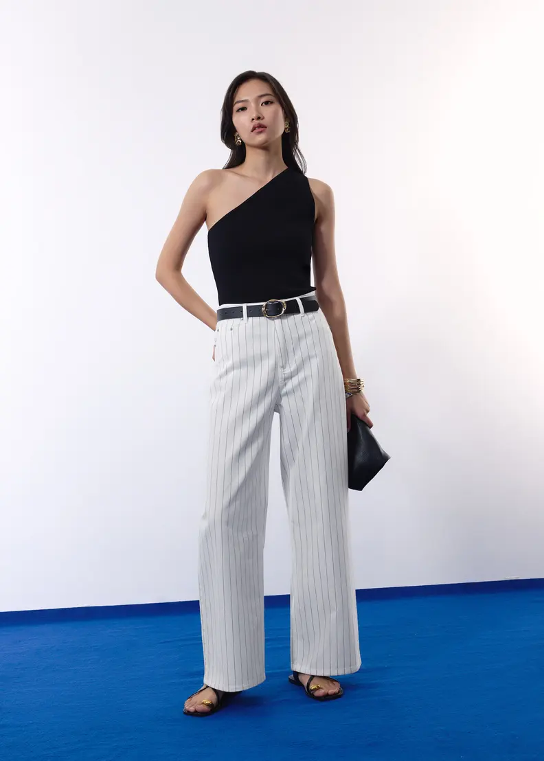 Pinstripe Cotton Twill 5-Pocket High Rise Straight Leg Pants