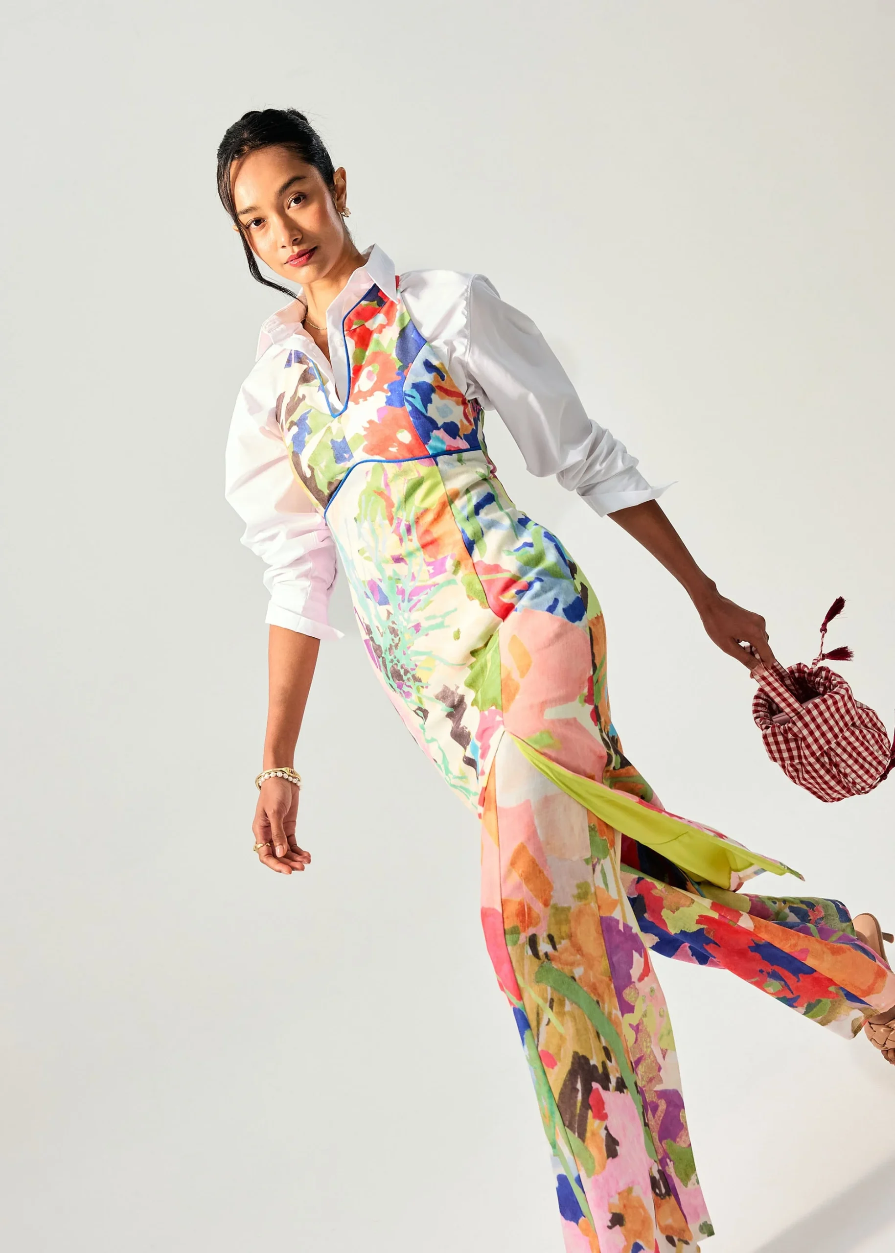Elastic Panelled Mid Waist Wide Leg Pants in Vivid Blooms - Image 2
