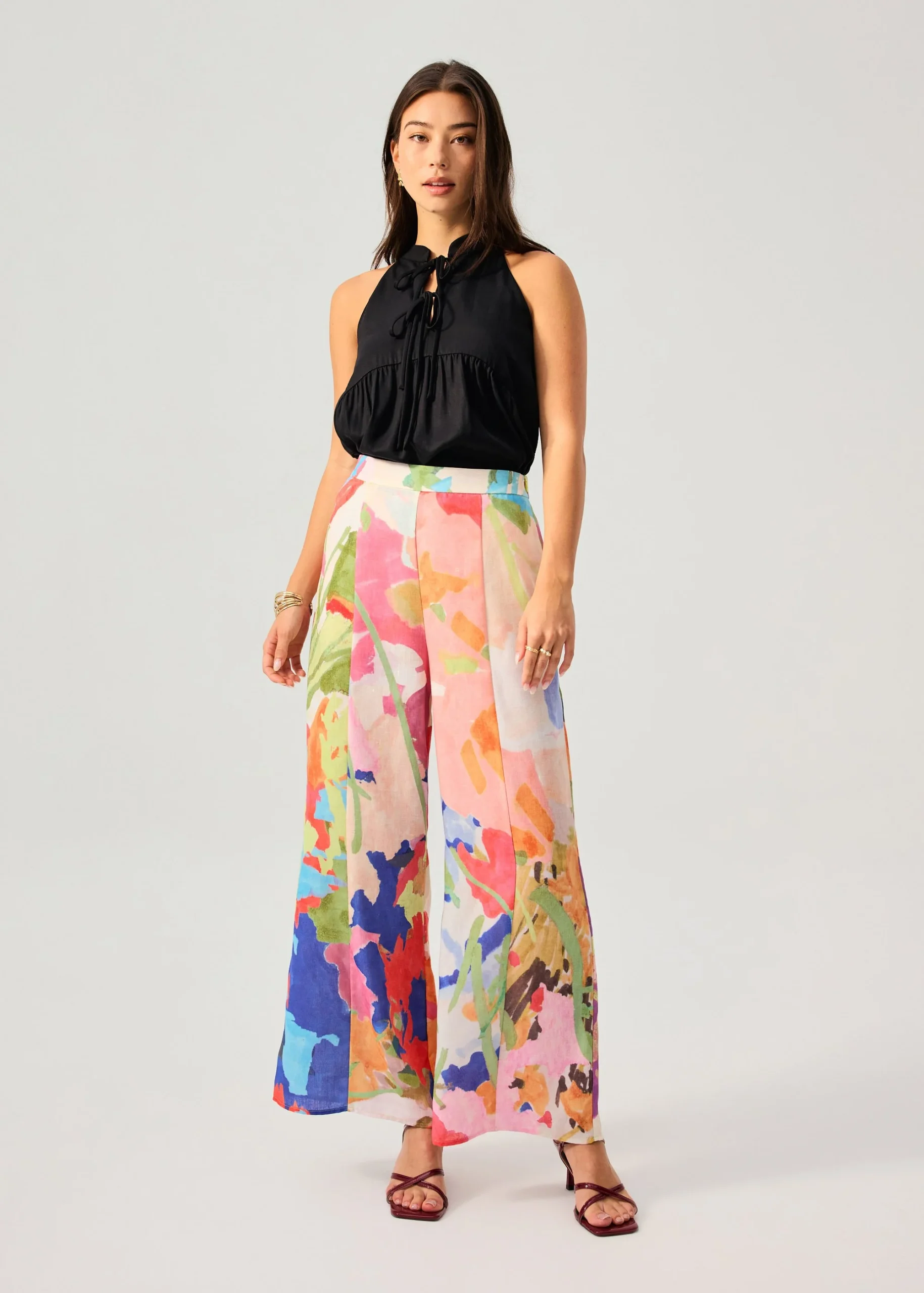 Elastic Panelled Mid Waist Wide Leg Pants in Vivid Blooms - Image 4