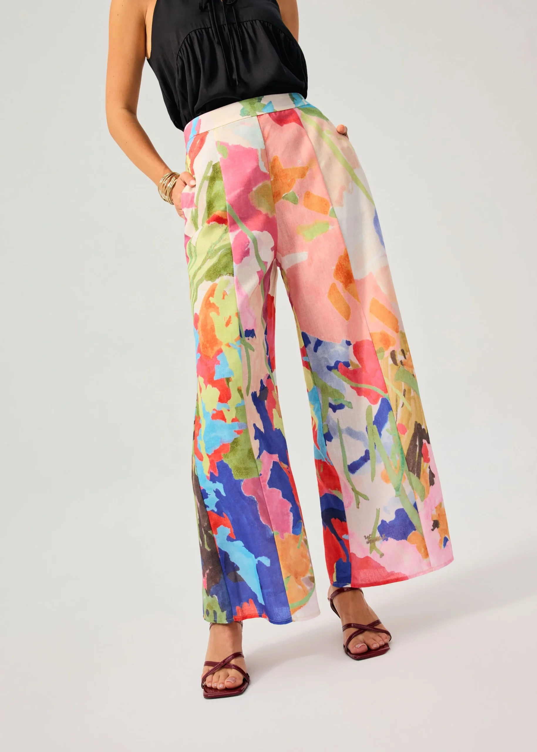 Elastic Panelled Mid Waist Wide Leg Pants in Vivid Blooms