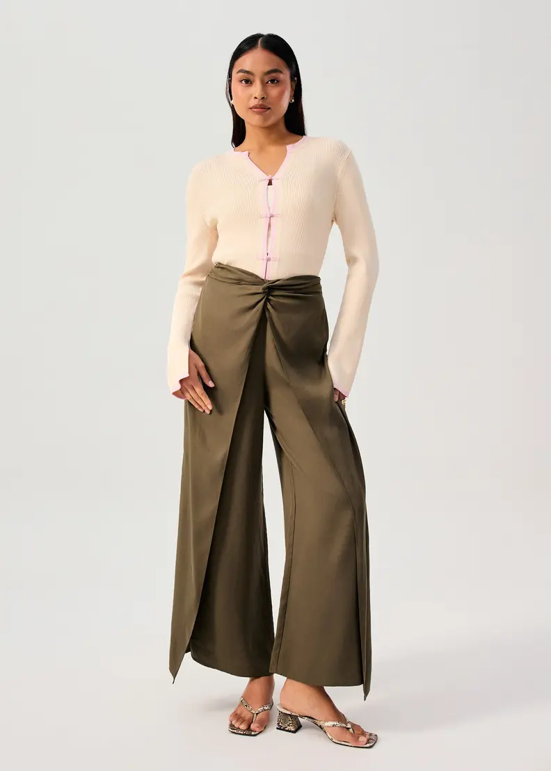Front Twist Mid Waist Wide Leg Pants