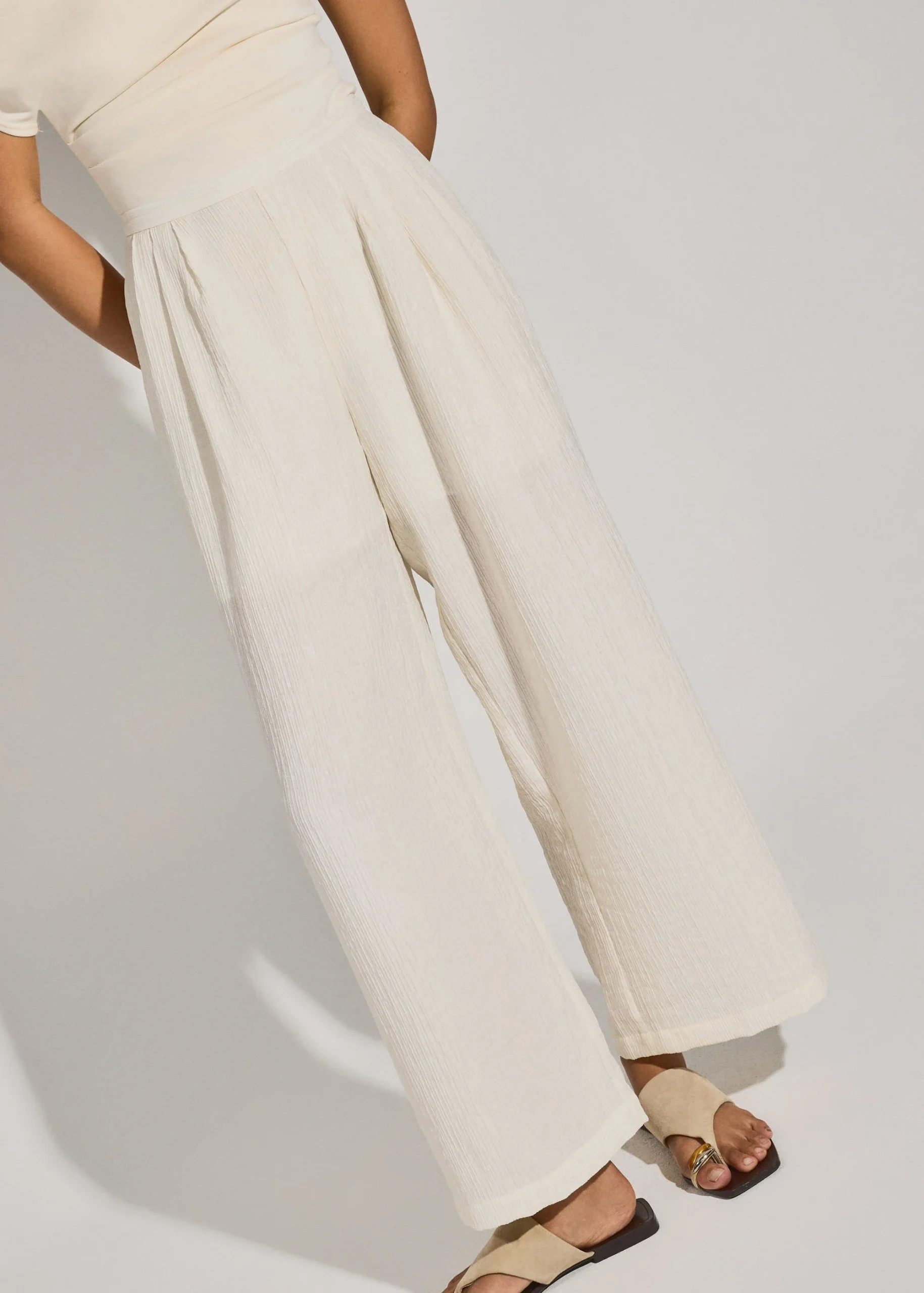 Elastic Textured Lyocell Mid Waist Straight Leg Pants - Image 2