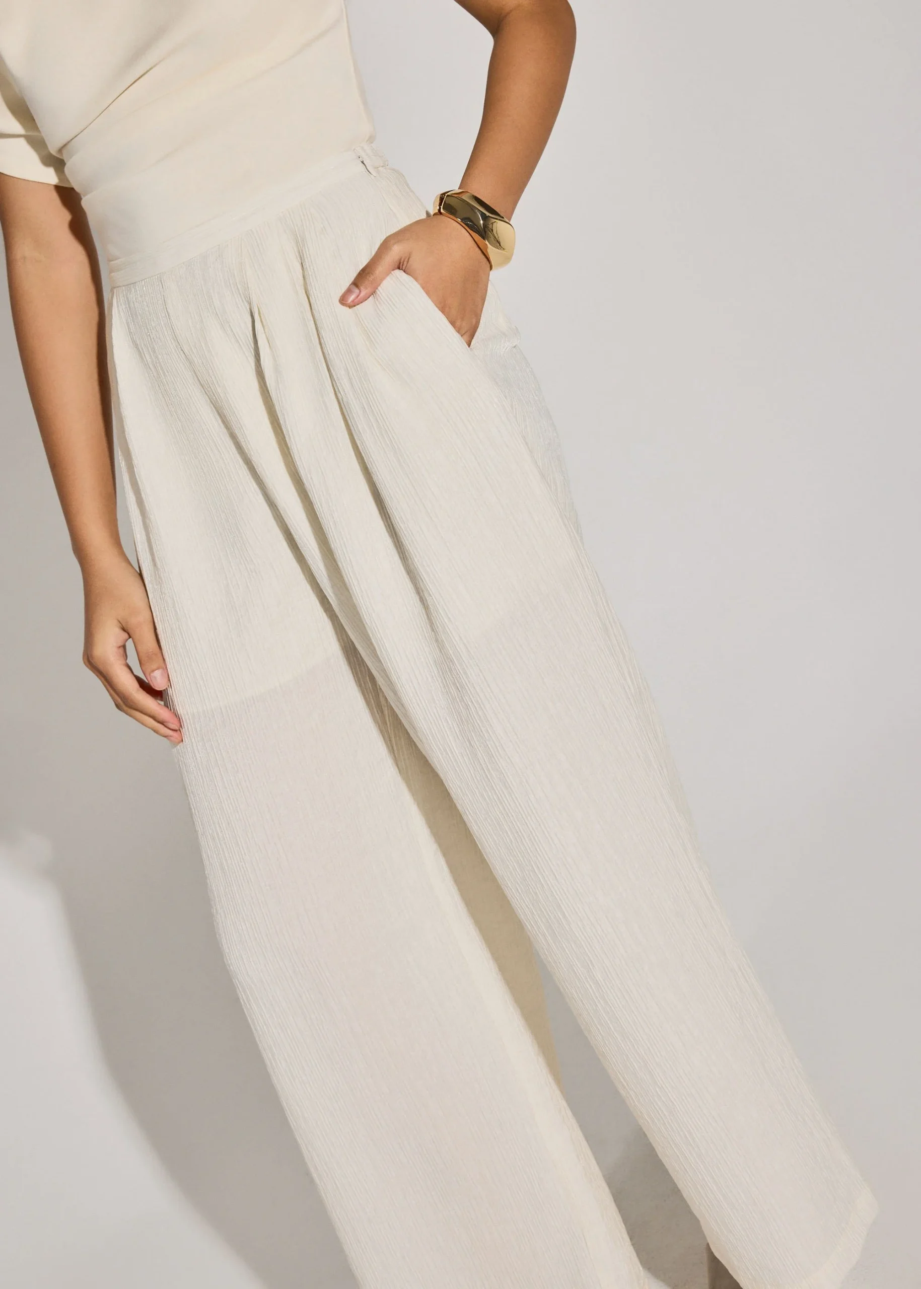 Elastic Textured Lyocell Mid Waist Straight Leg Pants - Image 3