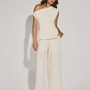 Elastic Textured Lyocell Mid Waist Straight Leg Pants