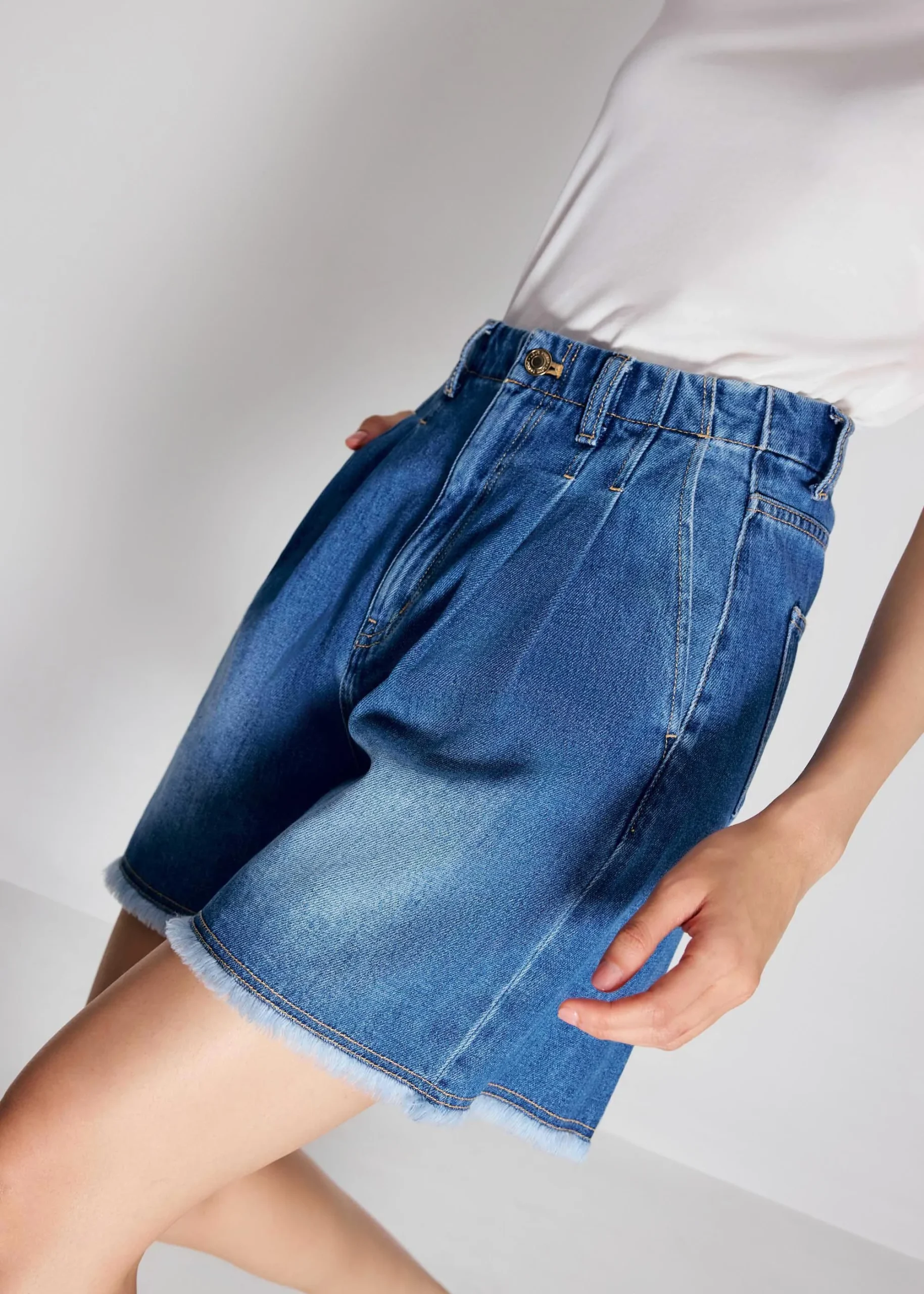 Denim Frayed Hem High Waist Bermuda Shorts - Image 2