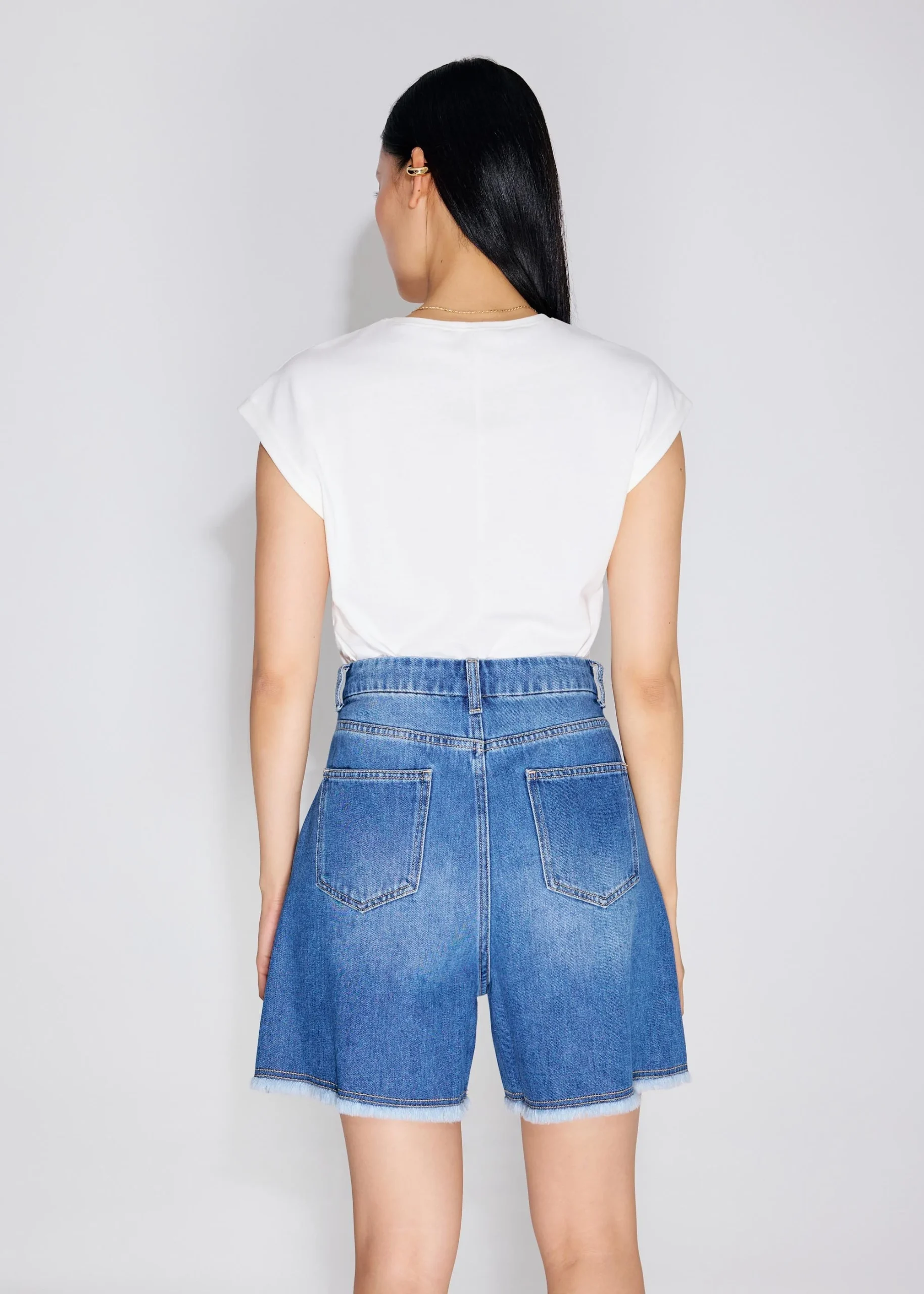 Denim Frayed Hem High Waist Bermuda Shorts - Image 4