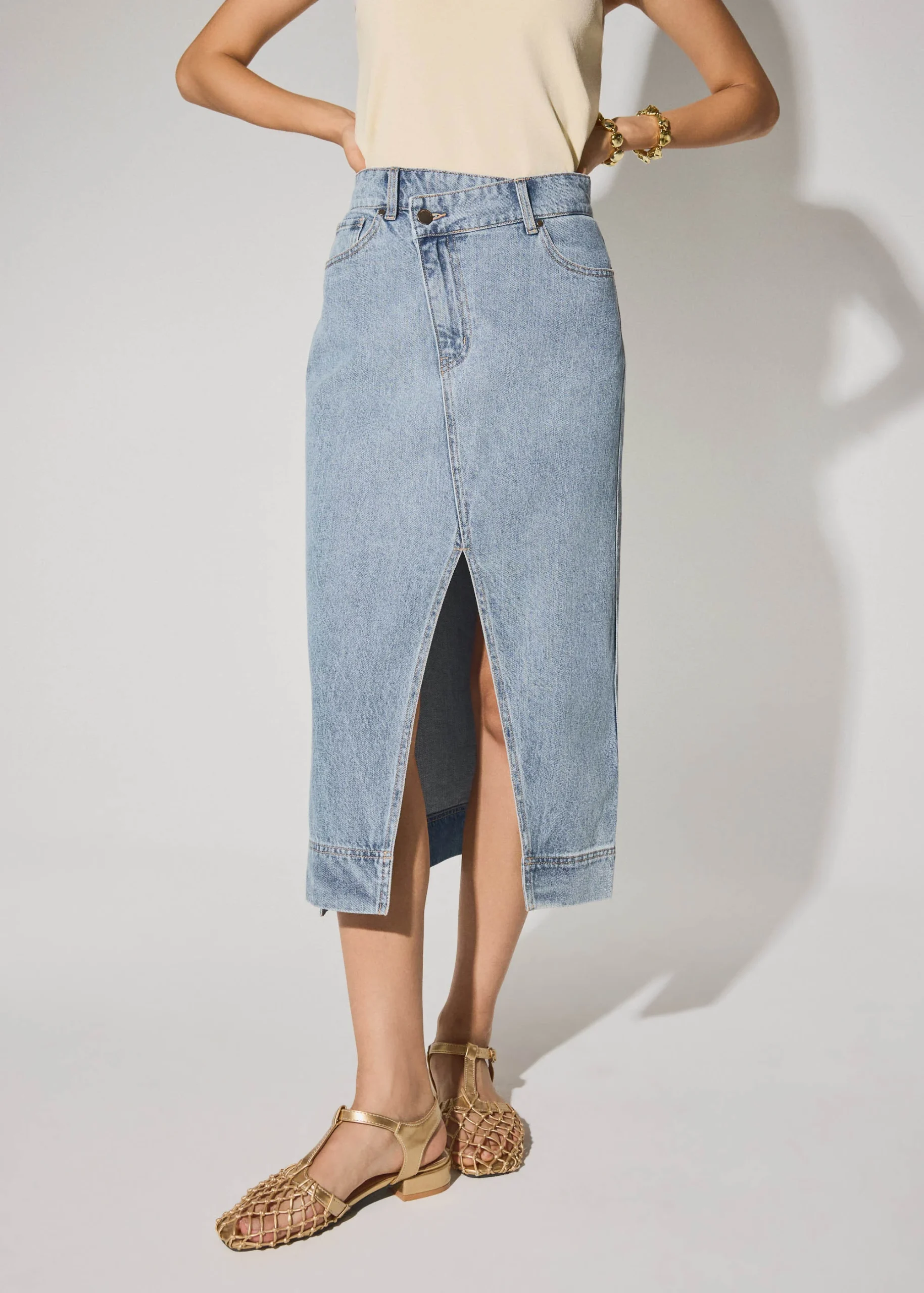 Denim Asymmetric Waistband Front Slit Column Midaxi Skirt - Image 3