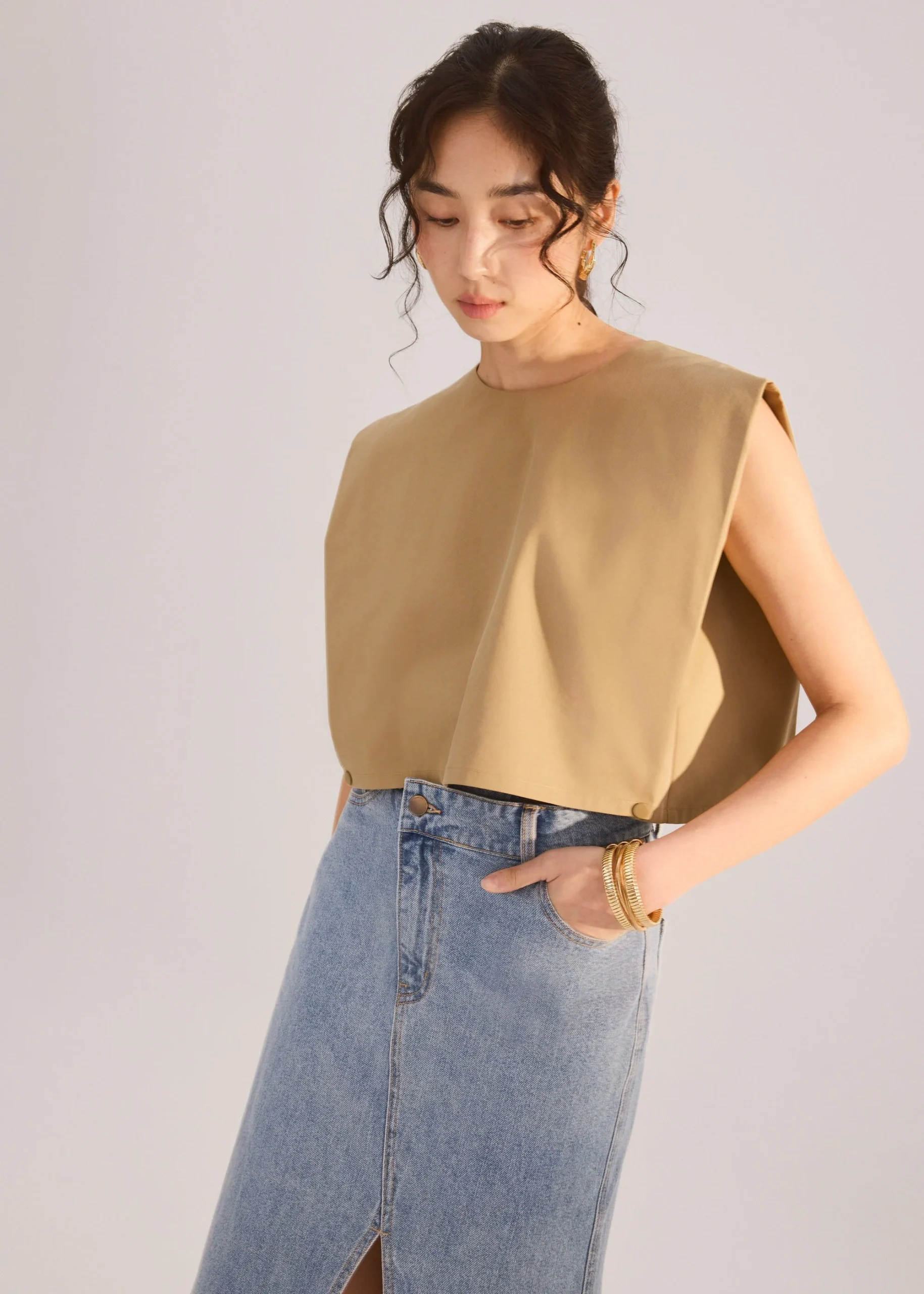 Denim Asymmetric Waistband Front Slit Column Midaxi Skirt - Image 4