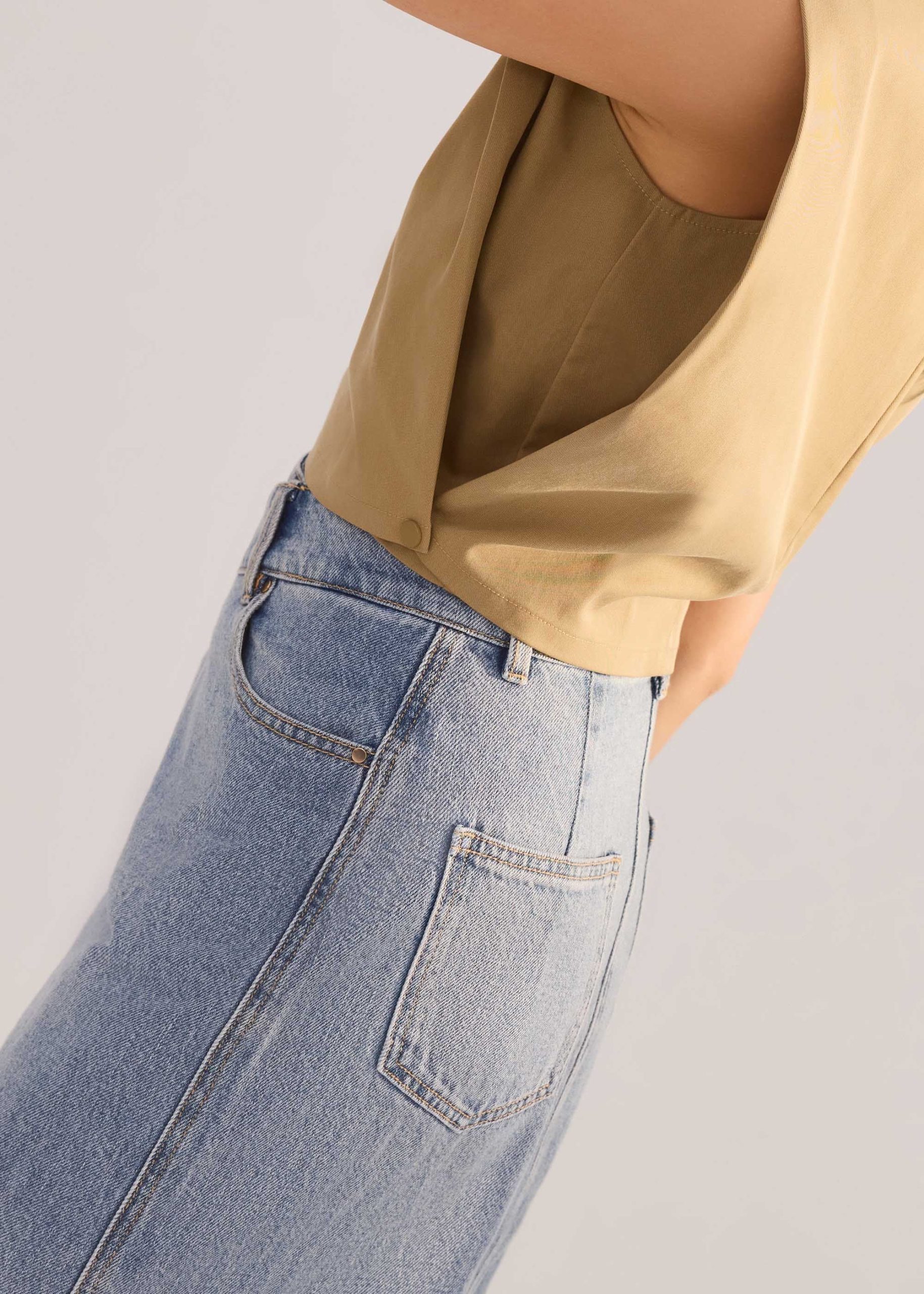 Denim Asymmetric Waistband Front Slit Column Midaxi Skirt - Image 5