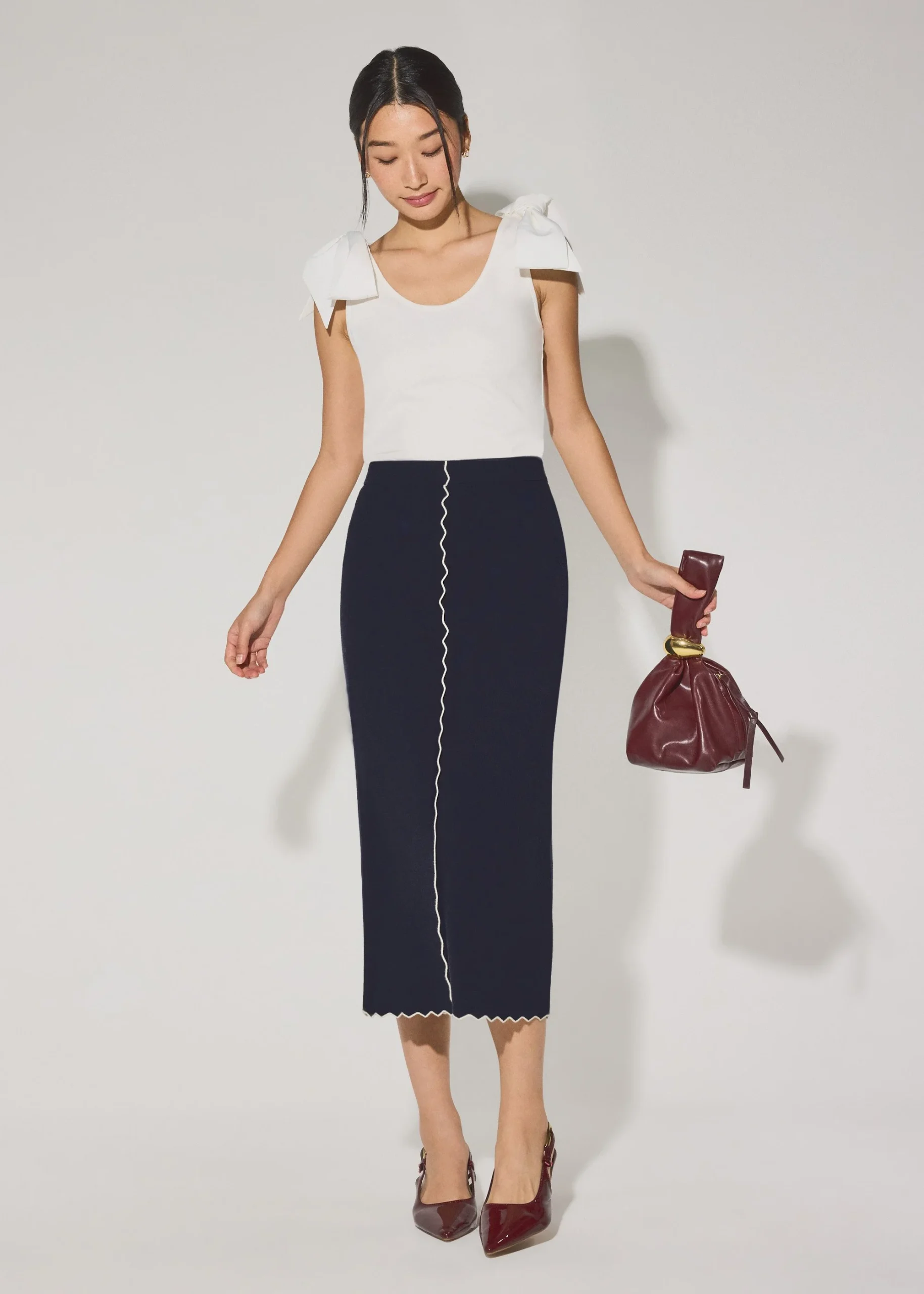 Knit Scallop Edge Column Midi Skirt - Image 2