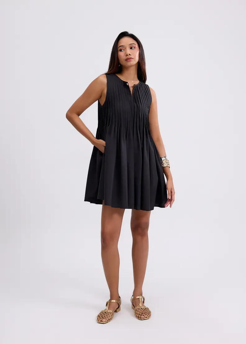 Pintuck Notched Trapeze Mini Dress