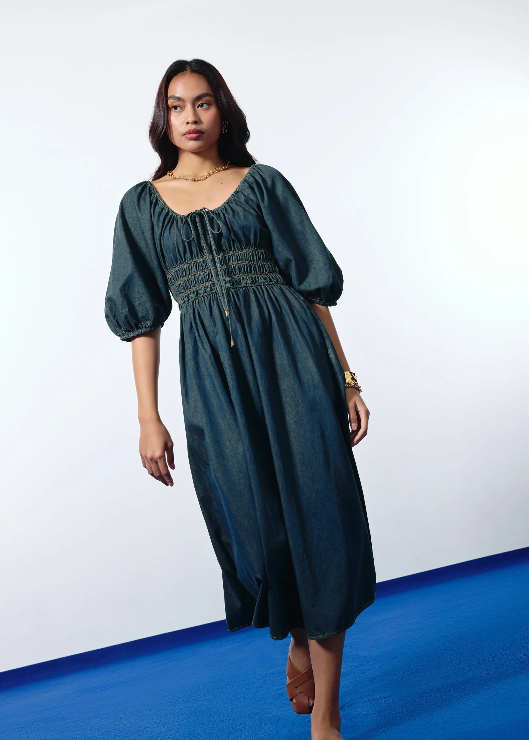 Vintage Wash Denim Fit & Flare Midaxi Dress