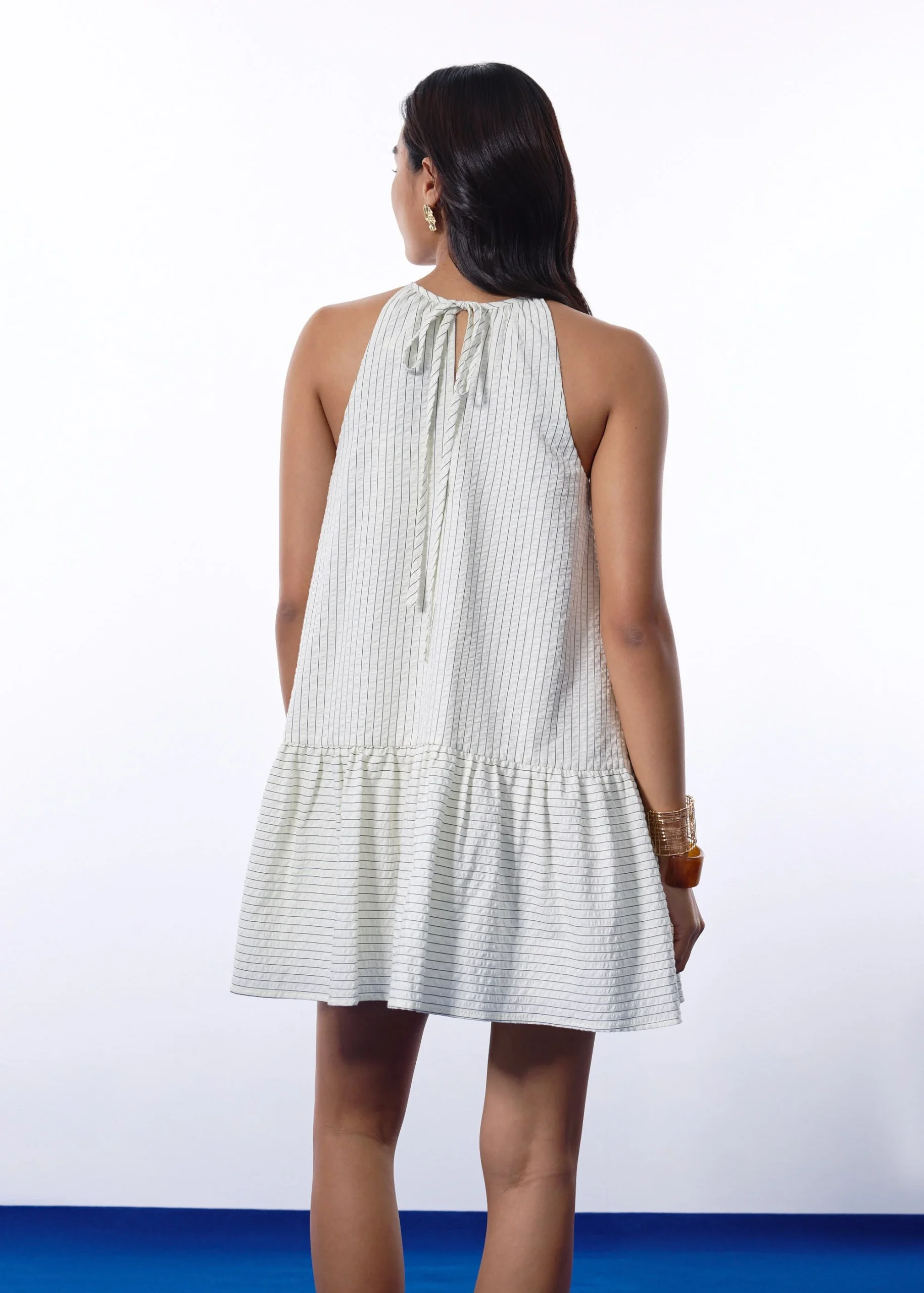 Pinstripe Seersucker Halter Trapeze Mini Dress - Image 4
