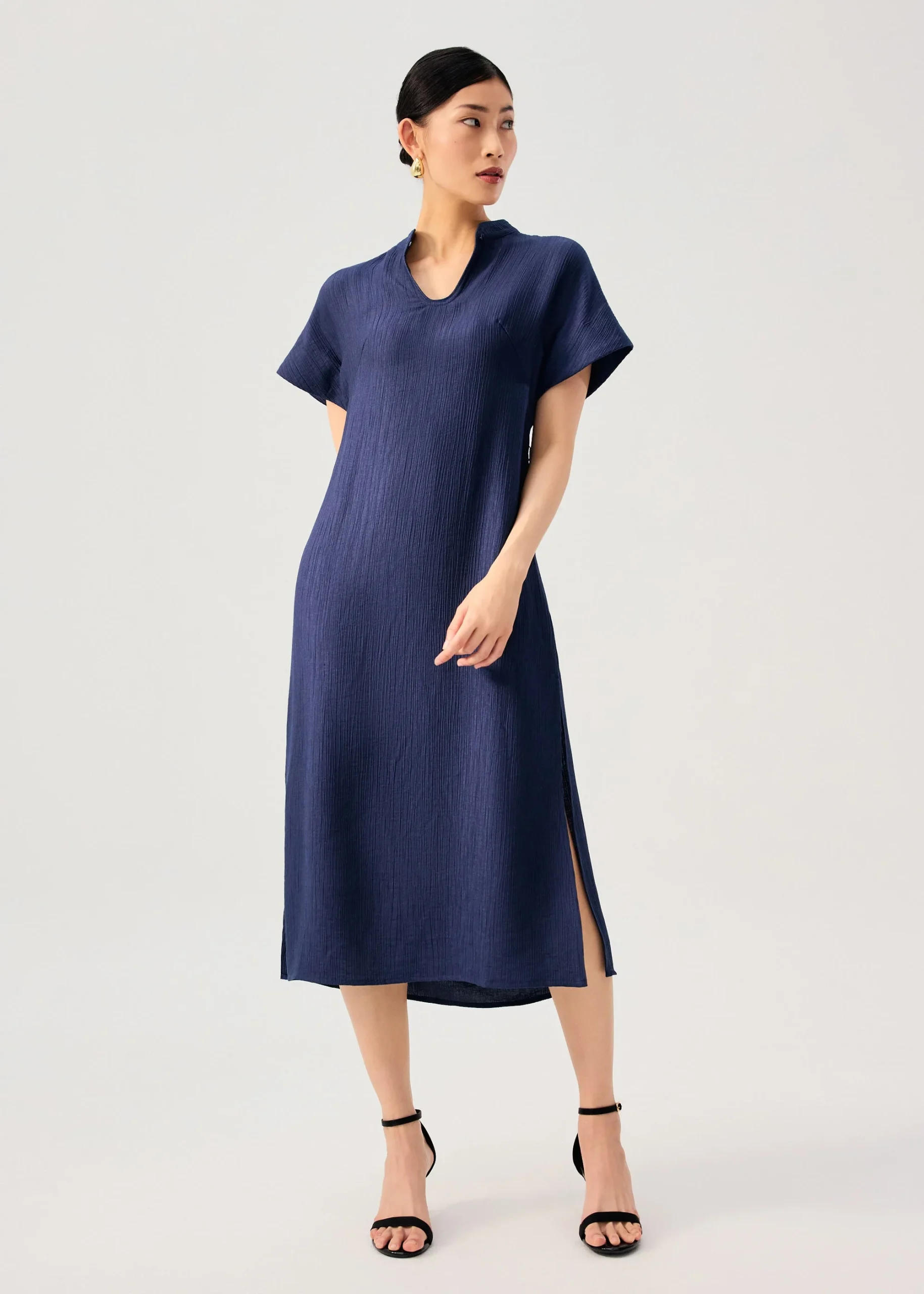 Tie Crinkled Mandarin Collar Column Midi Dress - Image 4