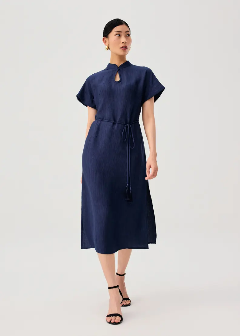 Tie Crinkled Mandarin Collar Column Midi Dress