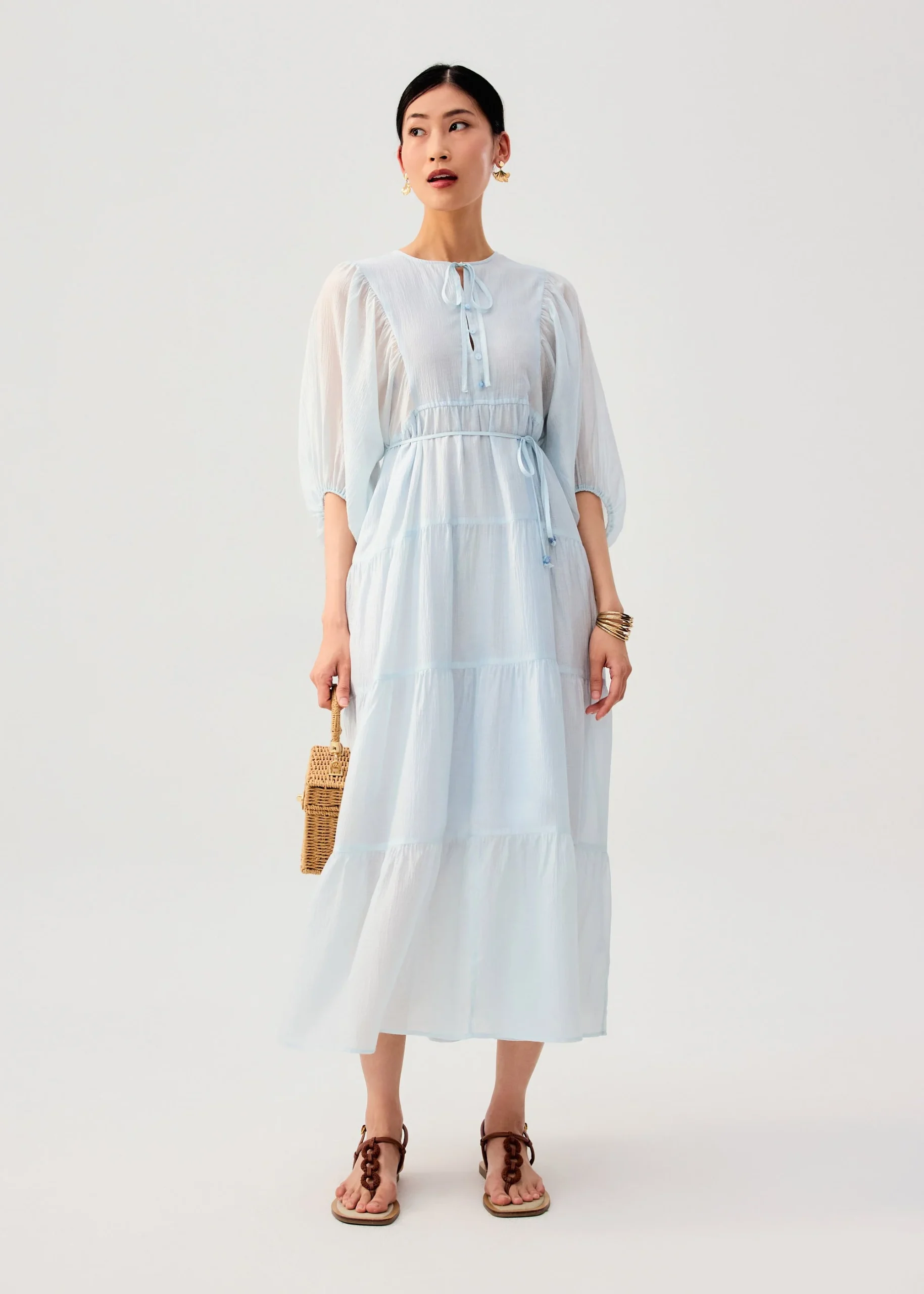 Sheer Lyocell Tiered Round Neck Trapeze Maxi Dress - Image 2