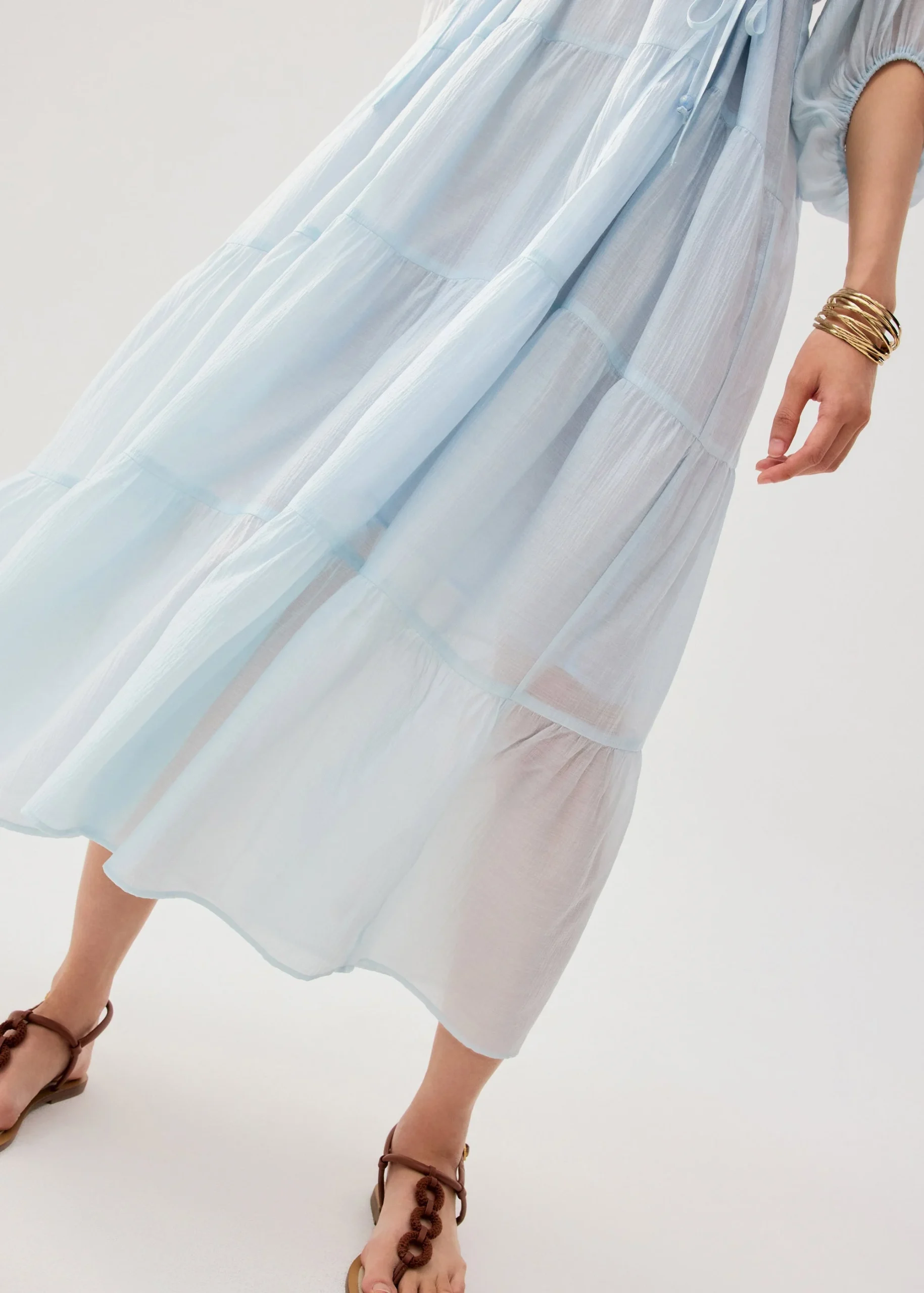 Sheer Lyocell Tiered Round Neck Trapeze Maxi Dress - Image 3
