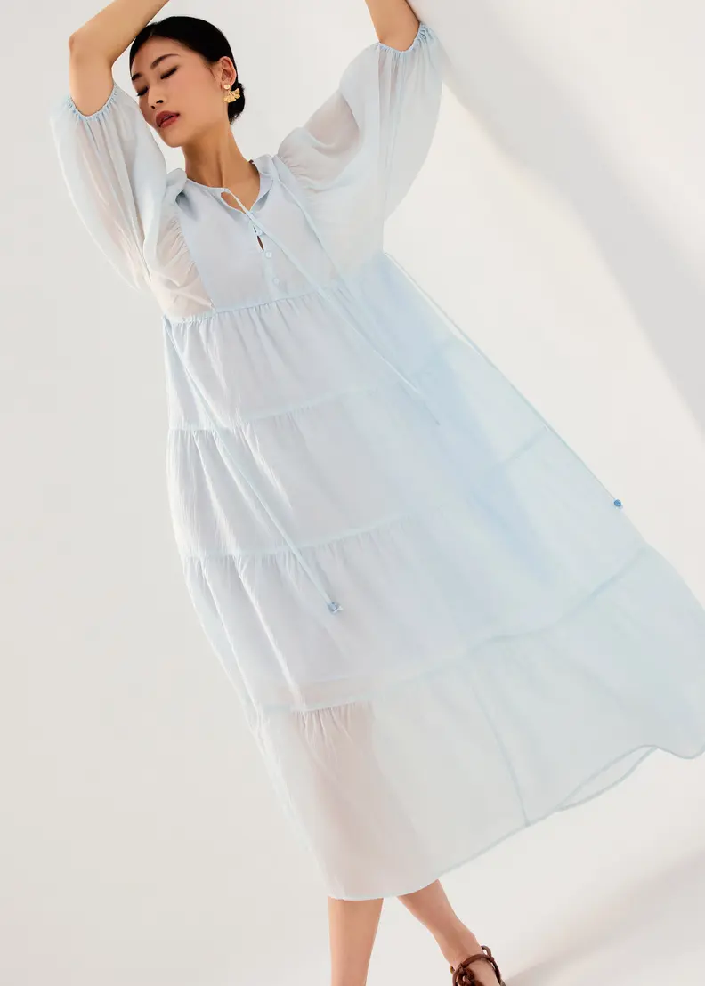 Sheer Lyocell Tiered Round Neck Trapeze Maxi Dress - Image 4